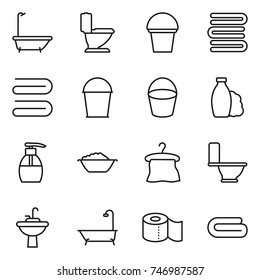 thin line icon set : bath, toilet, bucket, towels, towel, shampoo, liquid soap, foam basin, hanger, water tap sink, paper