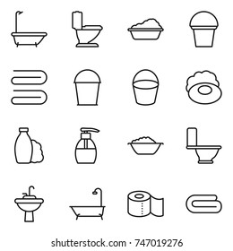 thin line icon set : bath, toilet, washing, bucket, towel, soap, shampoo, liquid, foam basin, water tap sink, paper