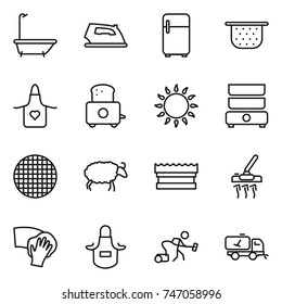 thin line icon set : bath, iron, fridge, colander, apron, toaster, gas oven, double boiler, sieve, sheep, sponge, vacuum cleaner, wiping, home call cleaning