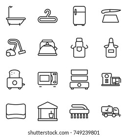 thin line icon set : bath, hanger, fridge, cutting board, vacuum cleaner, kettle, apron, toaster, microwave oven, double boiler, food processor, sponge, utility room, brush, home call cleaning