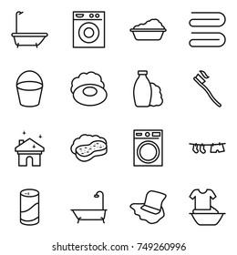 thin line icon set : bath, washing machine, towel, bucket, soap, shampoo, tooth brush, house cleaning, sponge with foam, drying clothe, cleanser powder, floor, handle