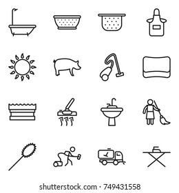 thin line icon set : bath, colander, apron, gas oven, pig, vacuum cleaner, sponge, water tap sink, brooming, duster, home call cleaning, iron board