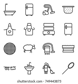 thin line icon set : bath, fridge, vacuum cleaner, colander, apron, double boiler, sieve, sheep, sponge, drying clothe, water tap sink, brooming, duster