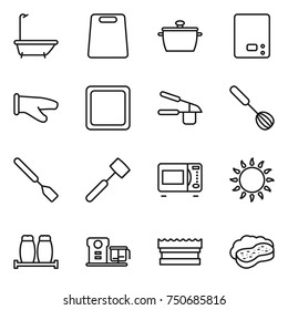 thin line icon set : bath, cutting board, pan, kitchen scales, cook glove, garlic clasp, whisk, spatula, meat hammer, microwave oven, gas, salt pepper, food processor, sponge, with foam