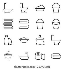 thin line icon set : bath, toilet, washing, bucket, towels, towel, shampoo, foam basin, hanger, water tap sink, paper