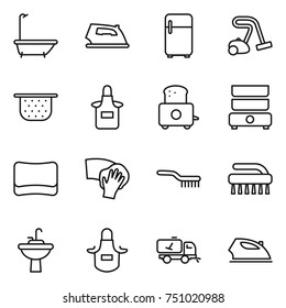 thin line icon set : bath, iron, fridge, vacuum cleaner, colander, apron, toaster, double boiler, sponge, wiping, brush, water tap sink, home call cleaning