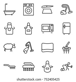 thin line icon set : bath, washing machine, cutting board, vacuum cleaner, apron, microwave oven, fridge, sheep, sponge, brush