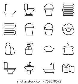 thin line icon set : bath, toilet, bucket, towels, towel, soap, shampoo, liquid, foam basin, hanger, water tap sink, paper