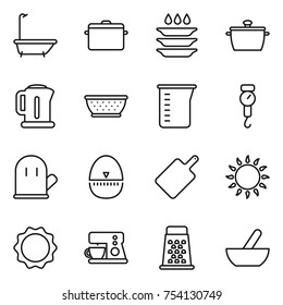 thin line icon set : bath, pan, plate washing, kettle, colander, measuring cup, handle scales, cook glove, egg timer, cutting board, gas oven, induction, coffee maker, grater, mortar