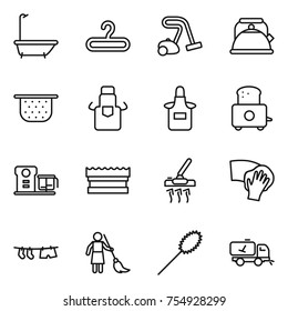 thin line icon set : bath, hanger, vacuum cleaner, kettle, colander, apron, toaster, food processor, sponge, wiping, drying clothe, brooming, duster, home call cleaning