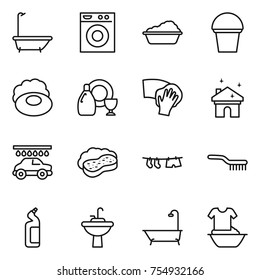 thin line icon set : bath, washing machine, bucket, soap, dish cleanser, wiping, house cleaning, car wash, sponge with foam, drying clothe, brush, toilet, water tap sink, handle
