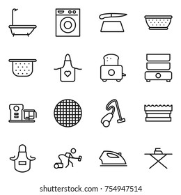 thin line icon set : bath, washing machine, cutting board, colander, apron, toaster, double boiler, food processor, sieve, vacuum cleaner, sponge, iron