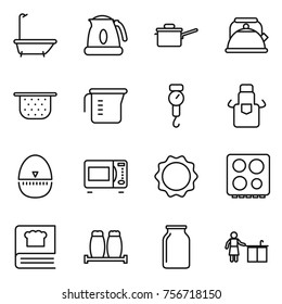 Thin line icon set : bath, kettle, saute pan, colander, measuring cup, handle scales, apron, egg timer, microwave oven, induction, hob, cooking book, salt pepper, bank, kitchen cleaning