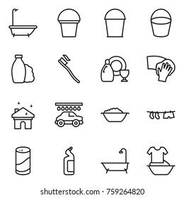 Thin line icon set : bath, bucket, shampoo, tooth brush, dish cleanser, wiping, house cleaning, car wash, foam basin, drying clothe, powder, toilet, handle washing