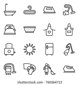 Thin line icon set : bath, hanger, iron, vacuum cleaner, kettle, colander, apron, toaster, gas oven, fridge, wiping, brooming