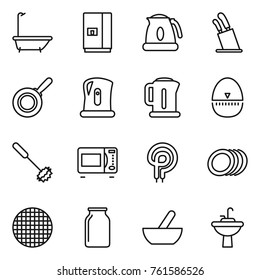 Thin line icon set : bath, fridge, kettle, stands for knives, pan, egg timer, whisk, microwave oven, elecric, plates, sieve, bank, mortar, water tap sink
