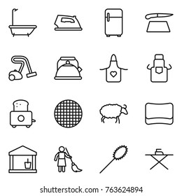 Thin line icon set : bath, iron, fridge, cutting board, vacuum cleaner, kettle, apron, toaster, sieve, sheep, sponge, utility room, brooming, duster