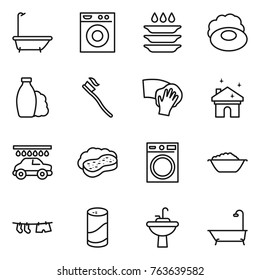 Thin line icon set : bath, washing machine, plate, soap, shampoo, tooth brush, wiping, house cleaning, car wash, sponge with foam, basin, drying clothe, cleanser powder, water tap sink