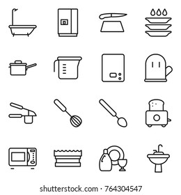 Thin line icon set : bath, fridge, cutting board, plate washing, saute pan, measuring cup, kitchen scales, cook glove, garlic clasp, whisk, big spoon, toaster, microwave oven, sponge, dish cleanser
