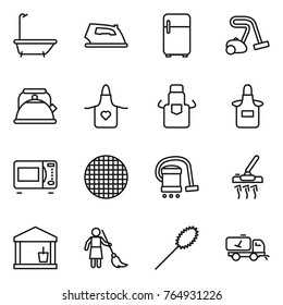 Thin line icon set : bath, iron, fridge, vacuum cleaner, kettle, apron, microwave oven, sieve, utility room, brooming, duster, home call cleaning