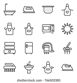 Thin line icon set : bath, iron, colander, apron, microwave oven, gas, double boiler, fridge, vacuum cleaner, brush, water tap sink