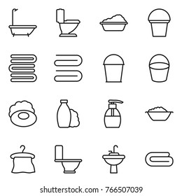 Thin line icon set : bath, toilet, washing, bucket, towels, towel, soap, shampoo, liquid, foam basin, hanger, water tap sink