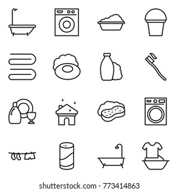 Thin line icon set : bath, washing machine, bucket, towel, soap, shampoo, tooth brush, dish cleanser, house cleaning, sponge with foam, drying clothe, powder, handle