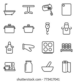Thin line icon set : bath, table, mixer, cutting board, pan, handle scales, apron, cook glove, hob, spices, coffee maker, bank, mortar, paper towel