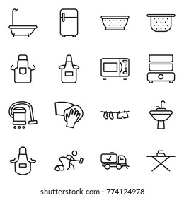 Thin line icon set : bath, fridge, colander, apron, microwave oven, double boiler, vacuum cleaner, wiping, drying clothe, water tap sink, home call cleaning, iron board