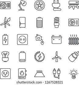Thin Line Icon Set - battery vector, low, rca, charge, desk lamp, heater, air conditioner, fridge, home control, socket, power plug, fan, water, warm floor, bulb, energy saving, windmill, idea
