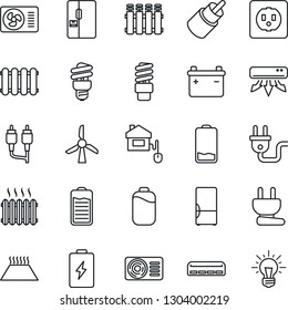 Thin Line Icon Set - battery vector, low, rca, heater, air conditioner, fridge, home control, socket, power plug, radiator, warm floor, energy saving bulb, windmill, idea