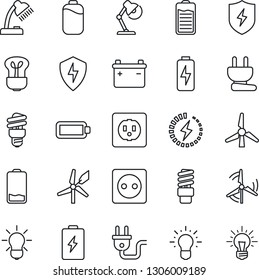 Thin Line Icon Set - battery vector, low, protect, charge, desk lamp, windmill, socket, power plug, bulb, energy saving, idea