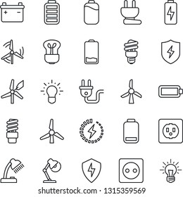 Thin Line Icon Set - battery vector, low, protect, charge, desk lamp, windmill, socket, power plug, bulb, energy saving, idea