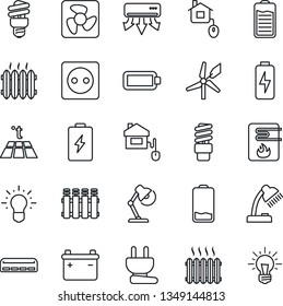 Thin Line Icon Set - battery vector, low, charge, desk lamp, heater, air conditioner, home control, socket, power plug, fan, water, radiator, warm floor, energy saving bulb, windmill, idea