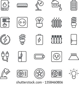 Thin Line Icon Set - battery vector, rca, charge, desk lamp, heater, air conditioner, fridge, home control, socket, fan, water, radiator, warm floor, bulb, energy saving, idea