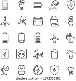 Thin Line Icon Set - battery vector, low, protect, charge, desk lamp, windmill, socket, power plug, bulb, energy saving, idea