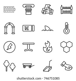 thin line icon set : battery, column, modern architecture, gothic, arch, ticket, shark flipper, thermometer, electricity, table, fire, honeycombs, trees, trailer, scoop, wiping