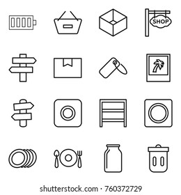 Thin line icon set : battery, remove from basket, box, shop signboard, singlepost, package, label, photo, signpost, ring button, rack, plates, fork spoon plate, bank, trash bin