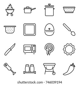 thin line icon set : bbq, saute pan, colander, cutting board, egg timer, big spoon, knife, microwave oven, elecric, induction, blender, salt pepper, hot