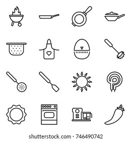 thin line icon set : bbq, pan, colander, apron, egg timer, whisk, skimmer, spatula, gas oven, elecric, induction, food processor, hot pepper