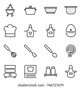 thin line icon set : bbq, pan, colander, cook hat, apron, egg timer, whisk, spatula, big spoon, elecric oven, double boiler, cooking book, salt pepper