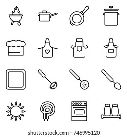 Thin Line Icon Set : Bbq, Saute Pan, Chief Hat, Apron, Cutting Board, Whisk, Skimmer, Big Spoon, Gas Oven, Elecric, Salt Pepper