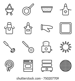 Thin Line Icon Set : Bbq, Pan, Colander, Apron, Cook Glove, Cutting Board, Whisk, Skimmer, Toaster, Gas Oven, Elecric, Double Boiler, Sieve