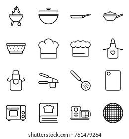 Thin line icon set : bbq, cauldron, pan, colander, cook hat, chief, apron, garlic clasp, skimmer, cutting board, grill oven, cooking book, food processor, sieve