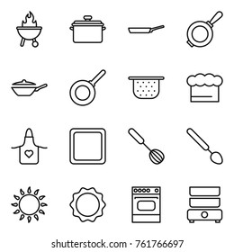 Thin line icon set : bbq, pan, colander, chief hat, apron, cutting board, whisk, big spoon, gas oven, induction, double boiler