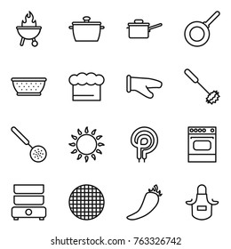 Thin line icon set : bbq, pan, saute, colander, chief hat, cook glove, whisk, skimmer, gas oven, elecric, double boiler, sieve, hot pepper, apron