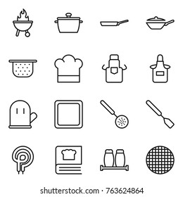 Thin line icon set : bbq, pan, colander, cook hat, apron, glove, cutting board, skimmer, spatula, elecric oven, cooking book, salt pepper, sieve