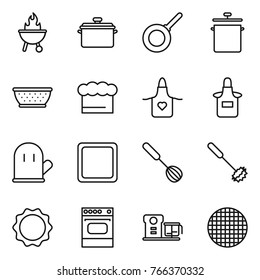 Thin line icon set : bbq, pan, colander, chief hat, apron, cook glove, cutting board, whisk, induction oven, food processor, sieve