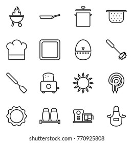 Thin line icon set : bbq, pan, colander, cook hat, cutting board, egg timer, whisk, spatula, toaster, gas oven, elecric, induction, salt pepper, food processor, apron