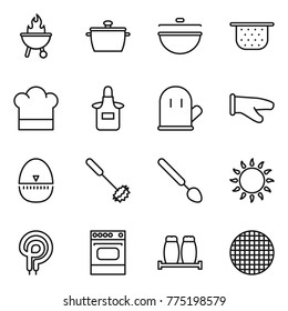 Thin line icon set : bbq, pan, cauldron, colander, cook hat, apron, glove, egg timer, whisk, big spoon, gas oven, elecric, salt pepper, sieve